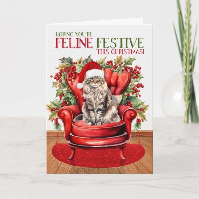 Tarjeta Festiva Navidades de Maine Coon Festividad FELINE (Anverso)