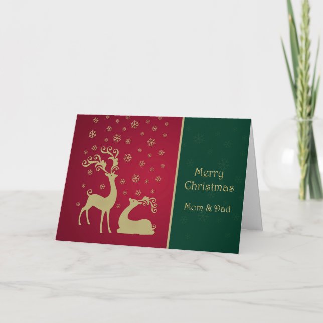 Tarjeta Festiva Navidades de mamá y papá, renos rojos y dorados (Anverso)