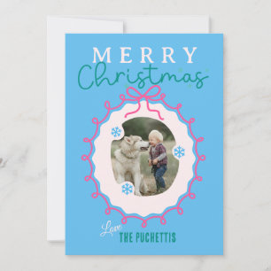 Tarjeta Festiva Navidades de marco de imagen rosada de cinta