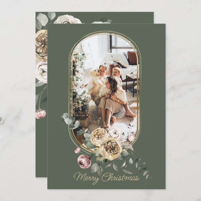 Tarjeta Festiva Navidades de marco floral foto de vacaciones perso (Anverso / Reverso)