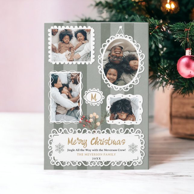 Tarjeta Festiva Navidades de marcos ornamentales de época familia  (Vintage ornate frames Christmas family 5 photos Holiday Card)
