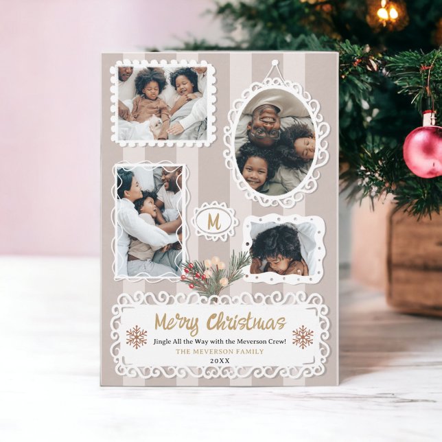Tarjeta Festiva Navidades de marcos ornamentales de época familia  (Vintage ornate frames Christmas family 5 photos Holiday Card on beige)