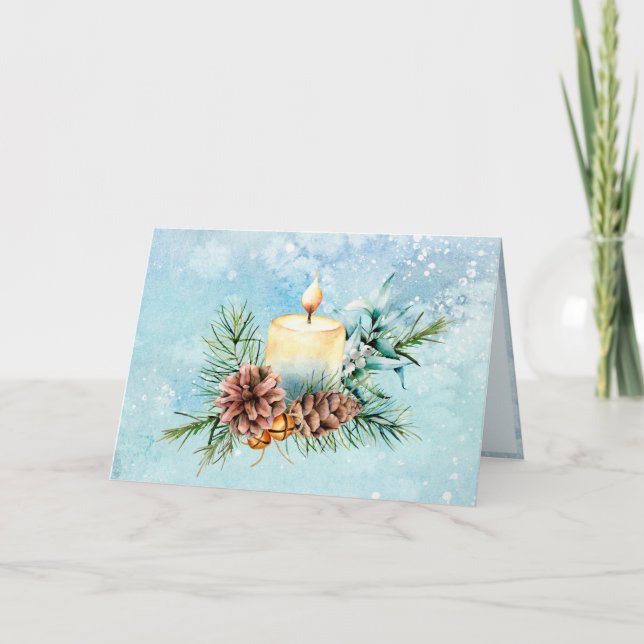 Tarjeta Festiva Navidades de Marfil y Pinecones de Velas Azules (Anverso)