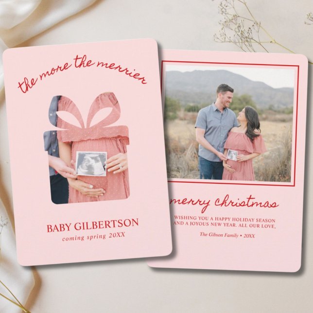 Tarjeta Festiva Navidades de maternidad con foto moderna rosa y ro (Maternity Christmas Card Pink & Red Modern Photo
)