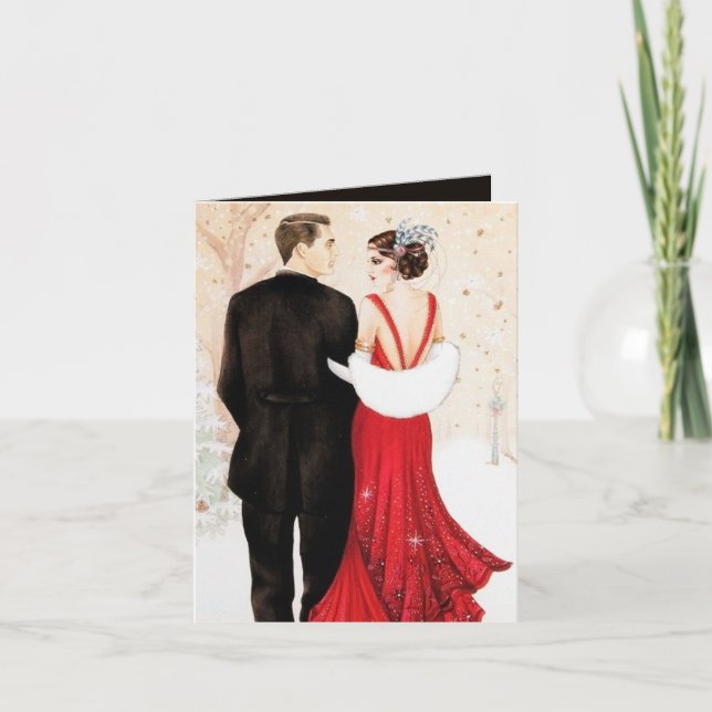 Tarjeta Festiva Navidades de mensajes de pareja retro Art Deco (Anverso)