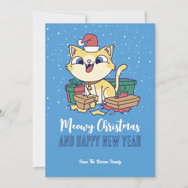 Tarjeta Festiva Navidades de Meowy en vacaciones de invierno de un (Anverso)