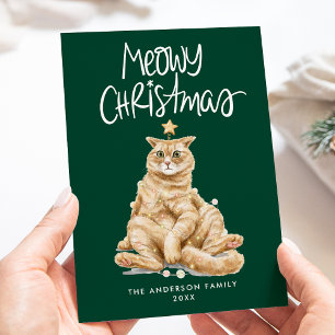 Tarjeta Festiva Navidades de Meowy, gato cutáneo de color de agua,