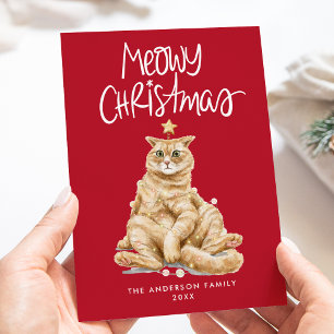 Tarjeta Festiva Navidades de Meowy, gato cutáneo de color de agua,