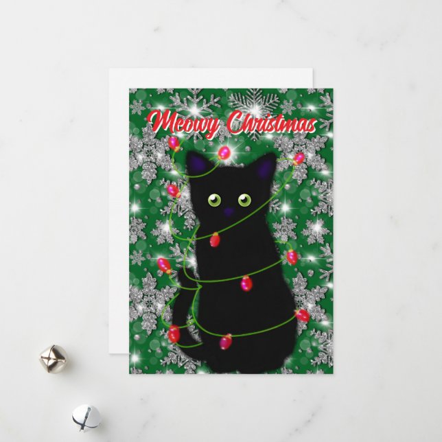 Tarjeta Festiva Navidades de Meowy, gato negro lindo (Anverso/Reverso In Situ)