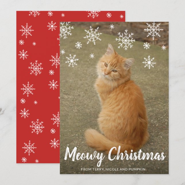 Tarjeta Festiva Navidades de Meowy, un gato de foto de los copos d (Anverso / Reverso)