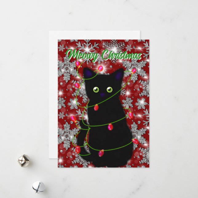 Tarjeta Festiva Navidades de Meowy, un gato negro lindo (Anverso/Reverso In Situ)