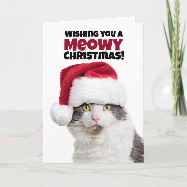 Tarjeta Festiva Navidades de Merry Meowy un gato perfecto para el  (Anverso)