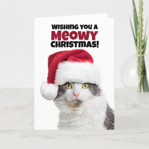 Tarjeta Festiva Navidades de Merry Meowy un gato perfecto para el 