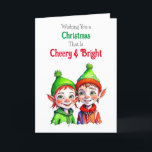 Tarjeta Festiva Navidades de moda Elf Cheery y Brillante<br><div class="desc">Una tarjeta de Navidades bonitos con una linda niña y un niño de color verde y rojo Retro sintiéndose Navidades anticuados.</div>
