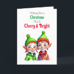 Tarjeta Festiva Navidades de moda Elf Cheery y Brillante<br><div class="desc">Una tarjeta de Navidades bonitos con una linda niña y un niño de color verde y rojo Retro sintiéndose Navidades anticuados.</div>