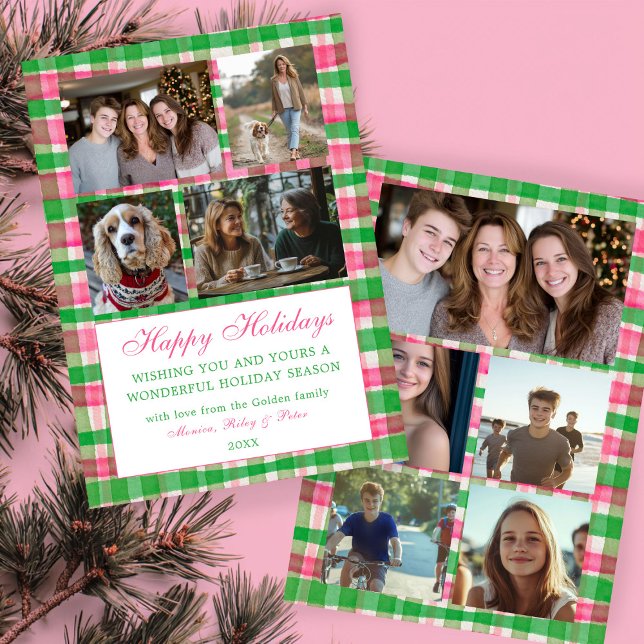 Tarjeta Festiva Navidades de moda Personalizado 9 Collage de fotos (Chic Watercolor Plaid Christmas Custom 9 Photo Collage Pink Green Personalized Family Holiday Card
)
