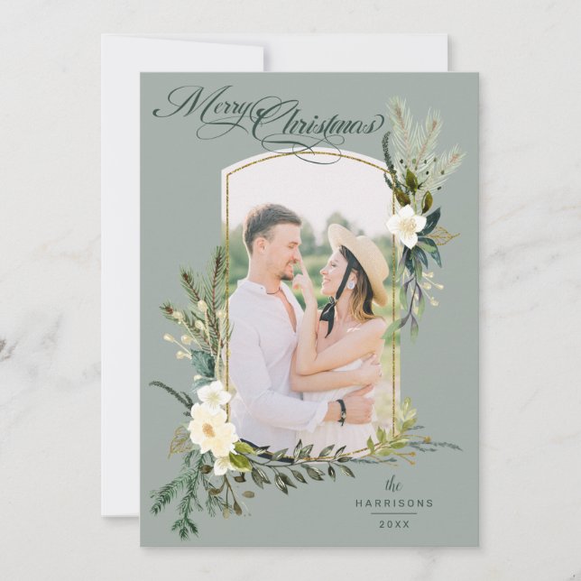 Tarjeta Festiva Navidades de moda Sage Foto botánica con arcos de  (Anverso)