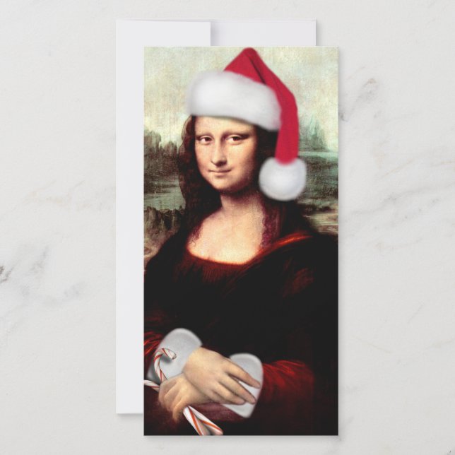 Tarjeta Festiva Navidades de Mona Lisa Santa Hat (Anverso)