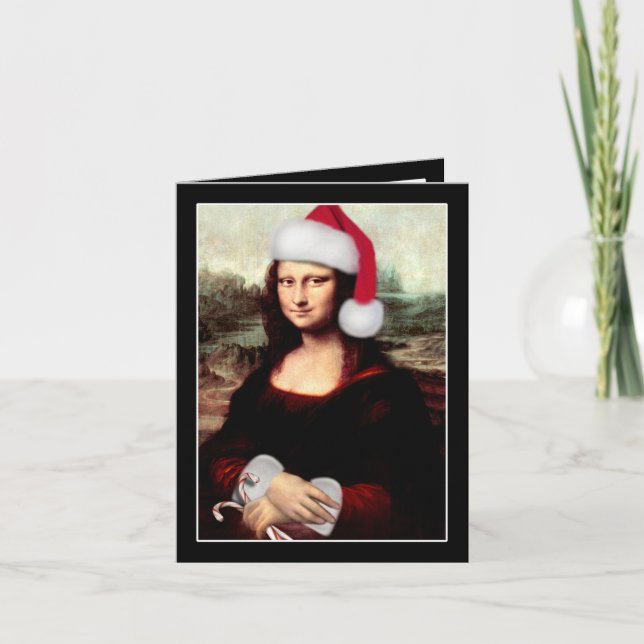 Tarjeta Festiva Navidades de Mona Lisa Santa Hat (Anverso)