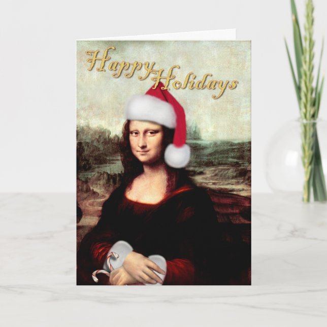 Tarjeta Festiva Navidades de Mona Lisa Santa Hat (Anverso)