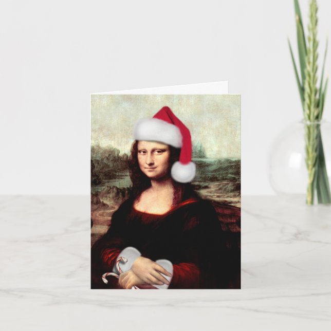 Tarjeta Festiva Navidades de Mona Lisa Santa Hat (Anverso)