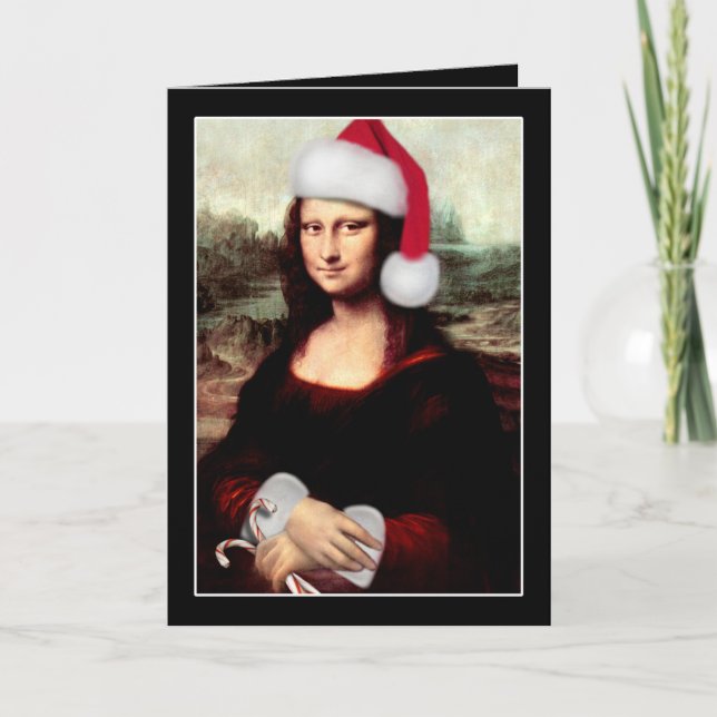 Tarjeta Festiva Navidades de Mona Lisa Santa Hat (Anverso)