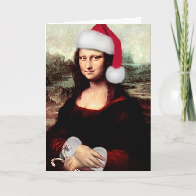 Tarjeta Festiva Navidades de Mona Lisa Santa Hat (Anverso)