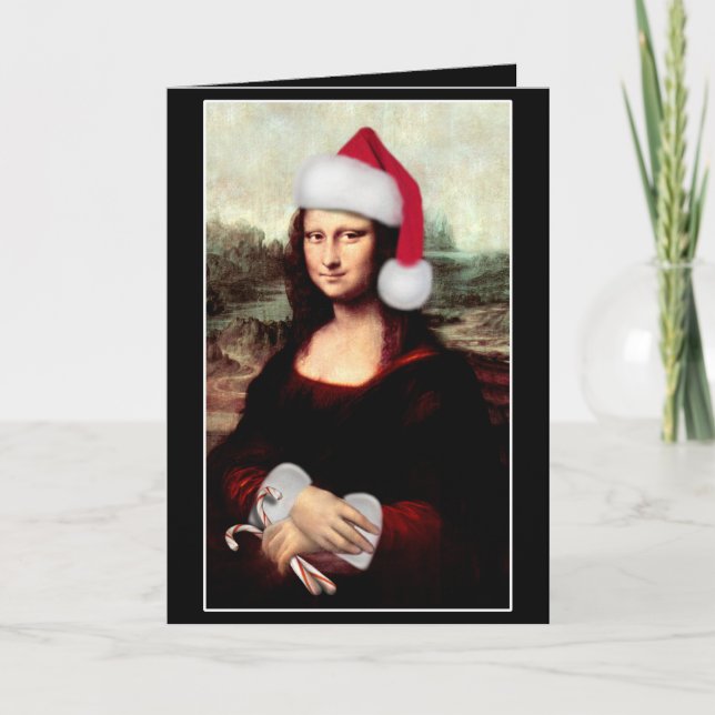 Tarjeta Festiva Navidades de Mona Lisa Santa Hat (Anverso)