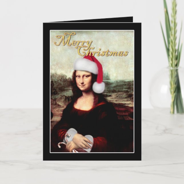 Tarjeta Festiva Navidades de Mona Lisa Santa Hat (Anverso)