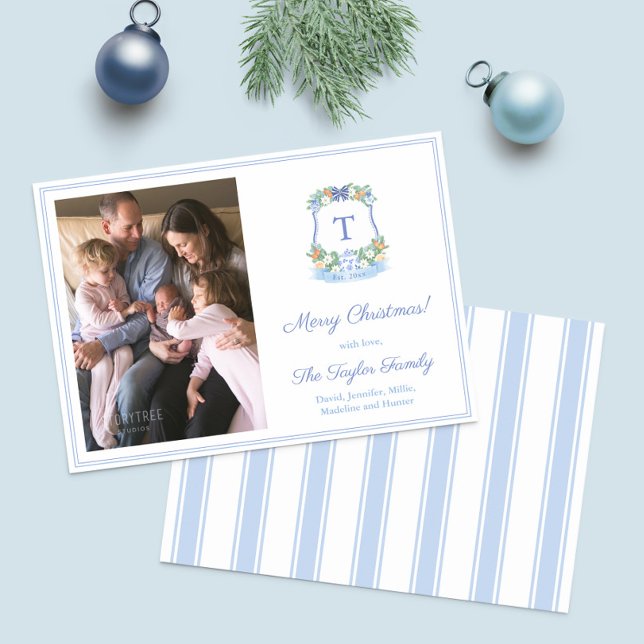 Tarjeta Festiva Navidades De Monograma Azul Y Blanco Pintado A Man (Watercolor Citrus Monogram photo Christmas Cards with blue and white stripe backer)