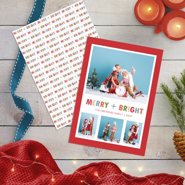 Tarjeta Festiva Navidades de moras rojas y Collages de fotos brill (Red Merry and Bright Photo Collage Christmas Holiday Card
)