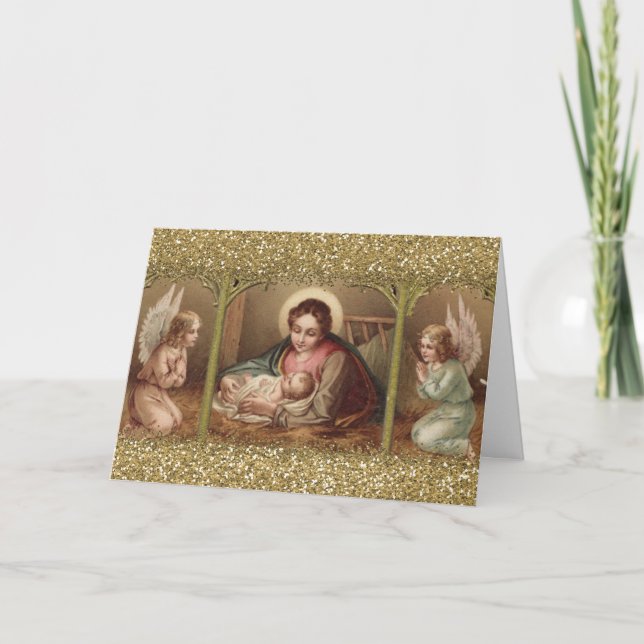 Tarjeta Festiva Navidades de Natividad Virgen María Jesús Ángeles (Anverso)