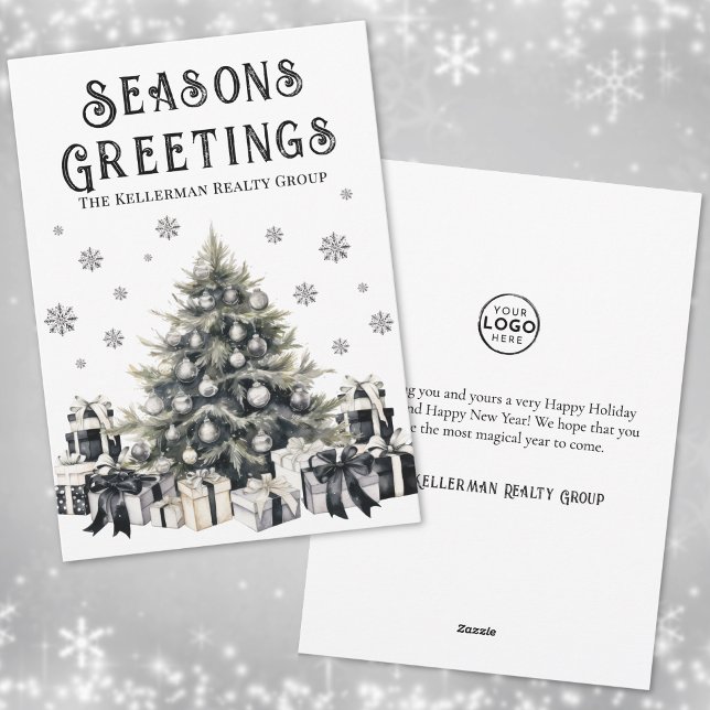Tarjeta Festiva Navidades de negocios con el logotipo blanco negro (Black White Logo Business Christmas Holiday Card)
