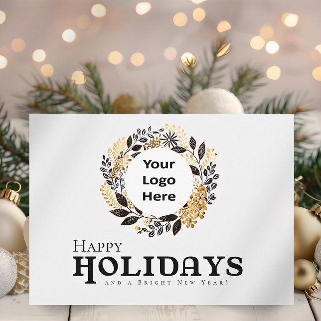 Tarjeta Festiva Navidades de negocios de Black Gold Wreath felices (Black and Gold Wreath Happy Holidays Corporate Business Holiday Card for Customers and Employees)