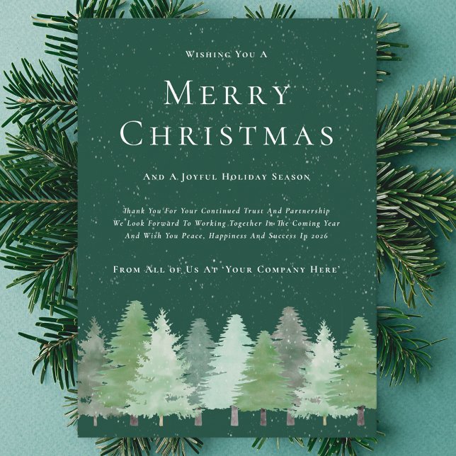 Tarjeta Festiva Navidades de negocios de la nieve de Woodland Wate (Merry Christmas watercolor snowy woodland green and white corporate business holiday flat card)