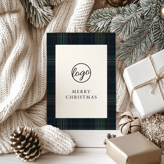 Tarjeta Festiva Navidades de negocios de Marina Blue y Green Plaid (Subido por el creador)