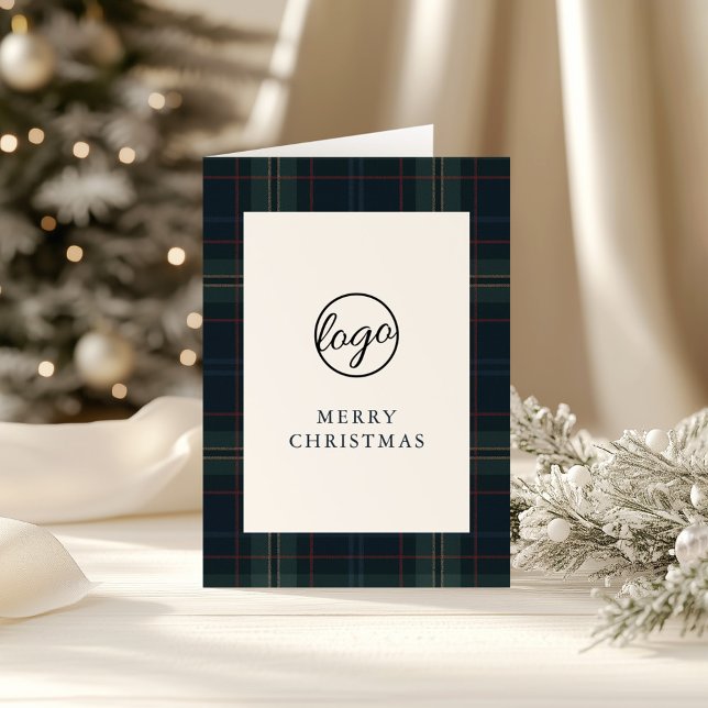 Tarjeta Festiva Navidades de negocios de Marina Blue y Green Plaid (Subido por el creador)