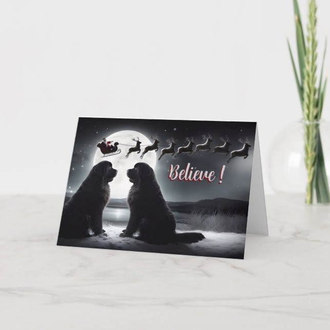 Tarjeta Festiva Navidades de Newfs y Santa Silhouette (Anverso)