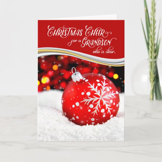 Tarjeta Festiva Navidades de nietos saludan el ornamento rojo (Anverso)