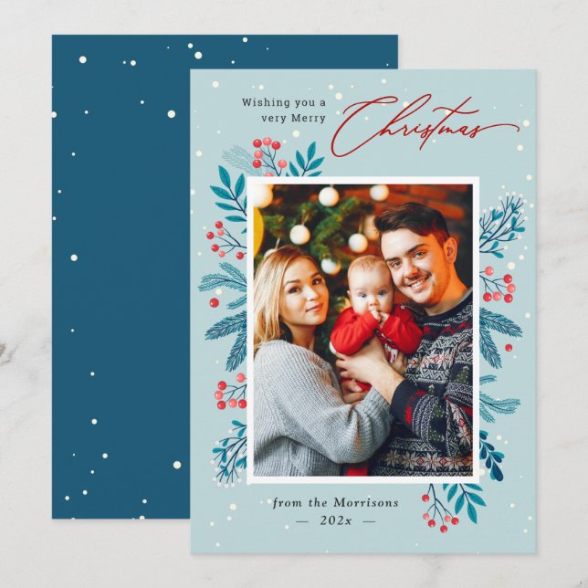 Tarjeta Festiva Navidades de nieve blanca con hojas de pino floral (Anverso / Reverso)