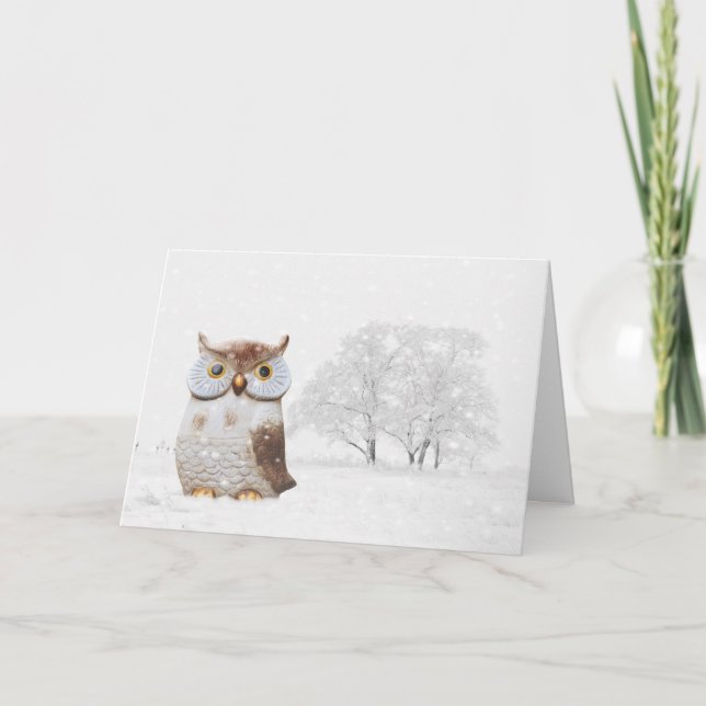 Tarjeta Festiva Navidades de Nieve de Invierno de Lechuza (Anverso)