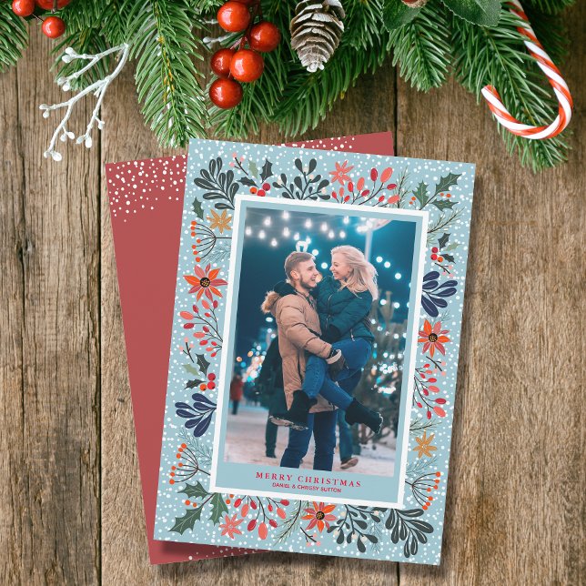 Tarjeta Festiva Navidades de nieve de las flores de invierno foto (Winter flowers and snowflakes Christmas holiday photo cards)