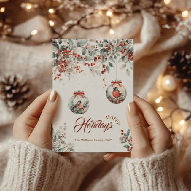 Tarjeta Festiva Navidades de Nieve de Pájaro Rojo y Floral Rústico (Subido por el creador)