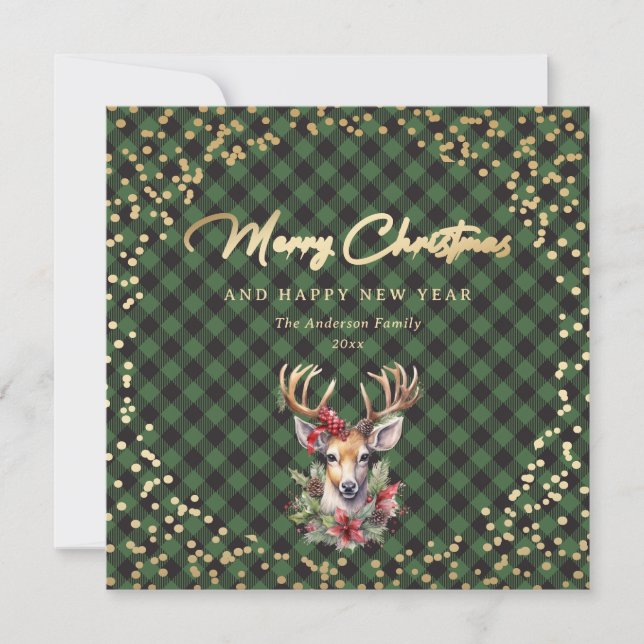 Tarjeta Festiva Navidades de nieve de reno de búfalo verde (Anverso)
