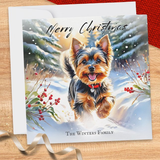 Tarjeta Festiva Navidades De Nieve Del Yorkshire Terrier Dog Yorki (A Christmas card with picture of a Yorkshire terrier dog running in snow, in a watercolor style)