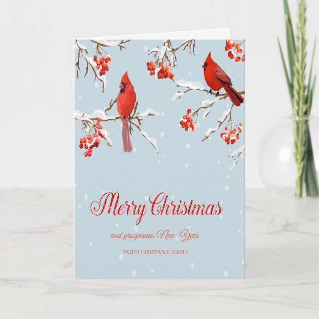 Tarjeta Festiva Navidades de Nieve en Árbol de Pájaros Cardenales  (Anverso)