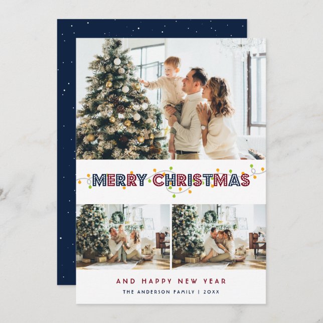 Tarjeta Festiva Navidades de Nieve Roja Azul iluminan 3 foto (Anverso / Reverso)