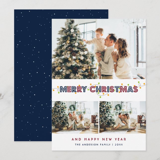 Tarjeta Festiva Navidades de Nieve Roja Azul iluminan 3 foto (Anverso / Reverso)