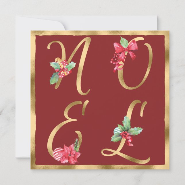 Tarjeta Festiva NAVIDADES de NOEL Red & Gold Holly Berries Poinset (Anverso)