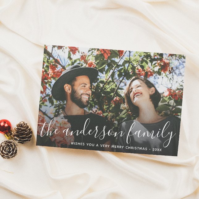 Tarjeta Festiva Navidades de nombre de familia de script blanco (Subido por el creador)